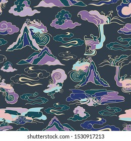 Seamless illustration of landscape with stylized mountains, waterfalls, winds and clouds in asian style. Vector pattern in shades of yellow, purple, aqua, green, indigo and grey. 