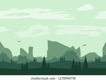 Seamless illustration. Landscape with trees and slopes.