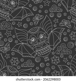 Seamless illustration with light contour cartoon bats, flowers and stars, outline animals on a dark background