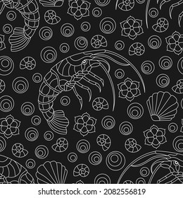 Seamless illustration with light contour shrimps, flowers and shells, outline animals on a dark background