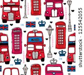 Seamless illustration London love UK double decker bus and telephone booth background pattern in vector