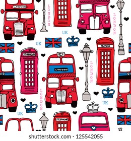 Seamless illustration London love UK double decker bus and telephone booth background pattern in vector