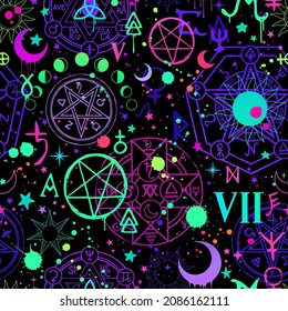 seamless illustration of magical bright alchemical and cosmic signs