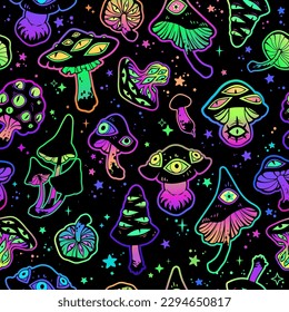 Seamless illustration of magical fairy mushrooms with eyes