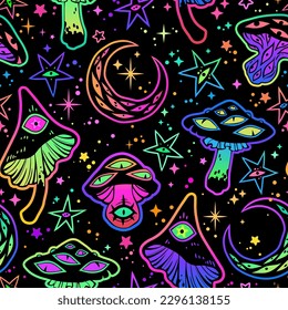 Seamless illustration of magical horror mushrooms with eyes