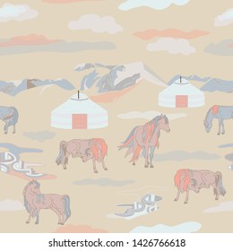 Seamless illustration of mongolian traditional family yurt, relaxing and playful horses in different poses, mountains and clouds in a landscape of Mongolia. Vector pattern in shades of yellow, cream, 