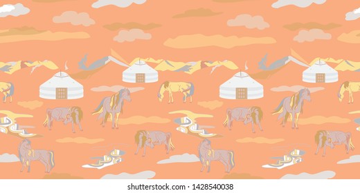 Seamless illustration of mongolian traditional family yurt, relaxing and playful horses in different poses, mountains and clouds in a landscape of Mongolia. Vector pattern in shades of yellow, cream, 