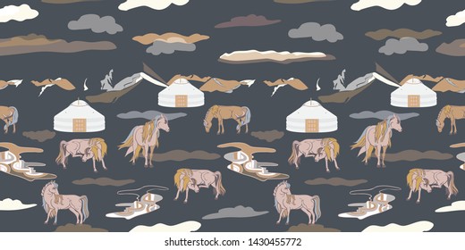 Seamless illustration of mongolian traditional family yurt, relaxing and playful horses in different poses, mountains and clouds in a landscape of Mongolia. Vector pattern in shades of yellow, cream, 