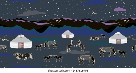 Seamless illustration of mongolian traditional family gers, relaxing and playful horses in different poses, mountains, stars, moon and clouds in a night landscape of Mongolia. Vector pattern in shades