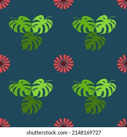 Seamless illustration of monstera and flowers on blue background.