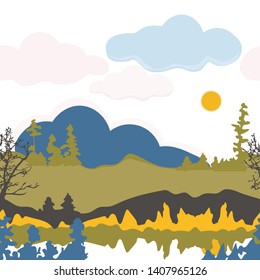 Seamless illustration of mountain scenery, abstract summer day landscape. Vector pattern in shades of yellow, olive, blue, pink, indigo and black. Designed for scrapbooking, wallpaper, gift wraps, fab