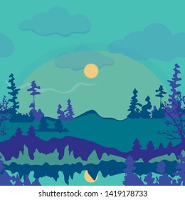 Seamless illustration of mountain scenery, abstract summer night landscape. Vector pattern in shades of yellow, aqua, navy, purple and green. Designed for scrapbooking, wallpaper, gift wraps, fabric, 