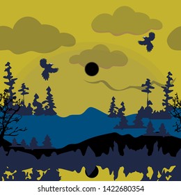 Seamless illustration of mountain scenery, abstract summer night landscape. Vector pattern in shades of yellow, indigo, navy, mustard and grey. Designed for scrapbooking, wallpaper, gift wraps, fabric