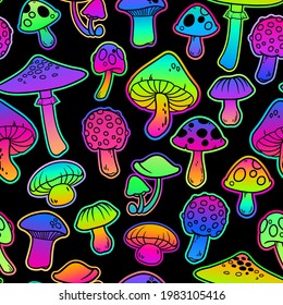 Seamless illustration with mushrooms, bright psychedelic colors