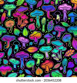 Seamless illustration with mushrooms, bright psychedelic colors