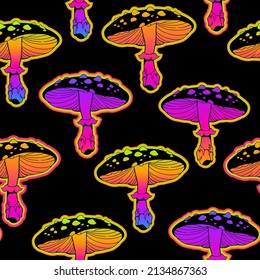 Seamless illustration with mushrooms, bright psychedelic colors