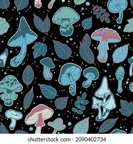 seamless illustration mushrooms and plant leaves