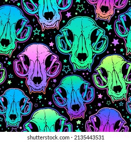 seamless illustration of neon bright animals skulls