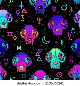 seamless illustration of neon bright animals skulls and esoteric symbols