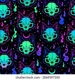 seamless illustration of neon bright cat skulls