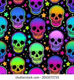 seamless illustration neon bright human skulls