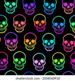 seamless illustration of neon bright human skulls