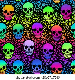 seamless illustration of neon bright human skulls and stars