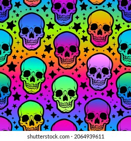 seamless illustration of neon bright human skulls and stars