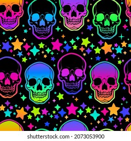 seamless illustration of neon bright human skulls and stars