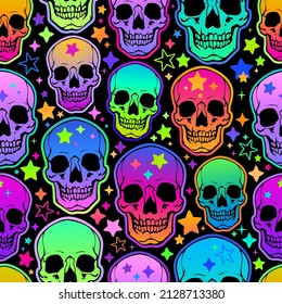 seamless illustration of neon bright human skulls and stars