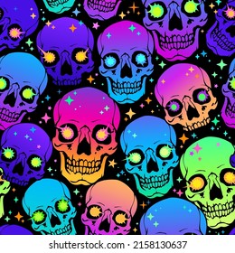 seamless illustration of neon bright human skulls with glowing eyes