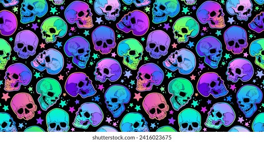 Seamless illustration of neon bright human skulls and stars