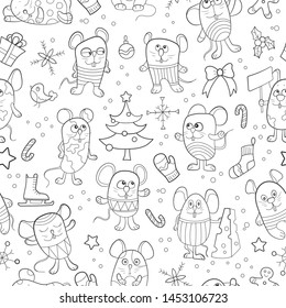 Seamless illustration for new year holidays, cartoon funny mice and snowflakes dark contour on white