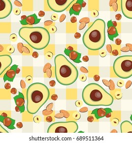 Seamless illustration with nuts and avocado
