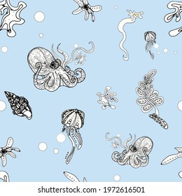 Seamless illustration of octopus, seaweed, shells, jellyfish. Marine pattern for printing on clothing, packaging, summer, ocean