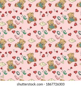 seamless illustration, on the theme of love and Valentine's day, from color and contour drawings, a Teddy bear among flowers and hearts, love inscriptions
