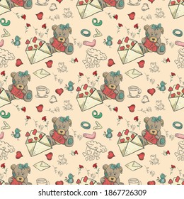 seamless illustration on the theme of love and Valentines day, from color and contour drawings of a Teddy bear girl, next to a postal envelope among flowers and hearts, the words love