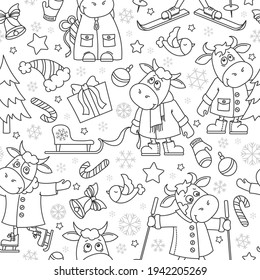 Seamless illustration on the theme of New Year holidays, funny cartoon bulls with snowflakes, dark contour animals on a white background