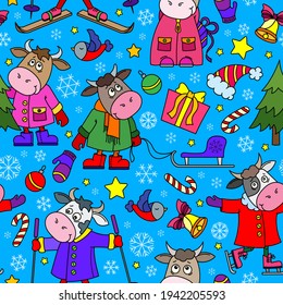 Seamless illustration on the theme of New Year holidays, funny cartoon bulls with snowflakes, bright animals on a blue background