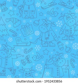 Seamless illustration on the theme of New Year holidays, funny cartoon bulls with snowflakes, dark contour animals on a blue background
