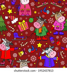 Ilustración perfecta sobre el tema de las vacaciones de Año Nuevo, divertidos toros de caricatura con copos de nieve, animales brillantes sobre un fondo rojo