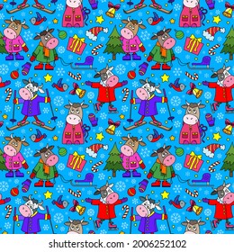 Seamless illustration on the theme of New Year holidays, funny cartoon bulls with snowflakes, bright animals on a blue background