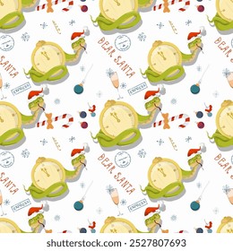 Seamless illustration on the theme of New Year and Christmas, A snake wraps around the festive clock