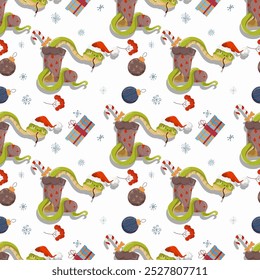 Seamless illustration on the theme of New year and Christmas, A snake comes out of a sock with gifts