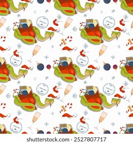 Seamless illustration on the theme of New Year and Christmas, A snake wraps around a bag of toys