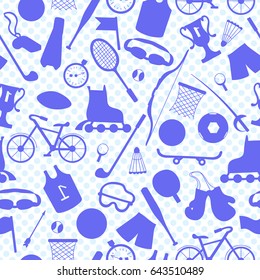 Seamless illustration on the theme of summer sports, blue outlines of sports equipment on a light background in a  polka dot