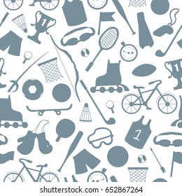 Seamless illustration on the theme of summer sports, grey  silhouettes of sports equipment on a light background 
