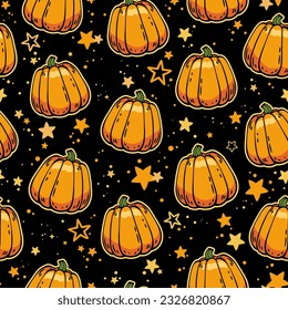 Seamless illustration of orange repeating pumpkins and stars