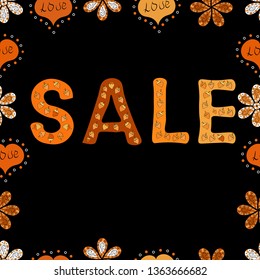 Seamless. Illustration in orange, white and black colors. Sale. Seasonal discounts set. Ornate vector colorful frame.