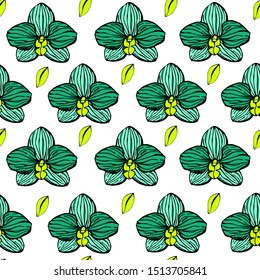 Seamless illustration with orchid flowers and leaves. Gentle girl Pattern. Texture. Great for wallpaper, textiles, wrapping Paper, clothing. Vector
